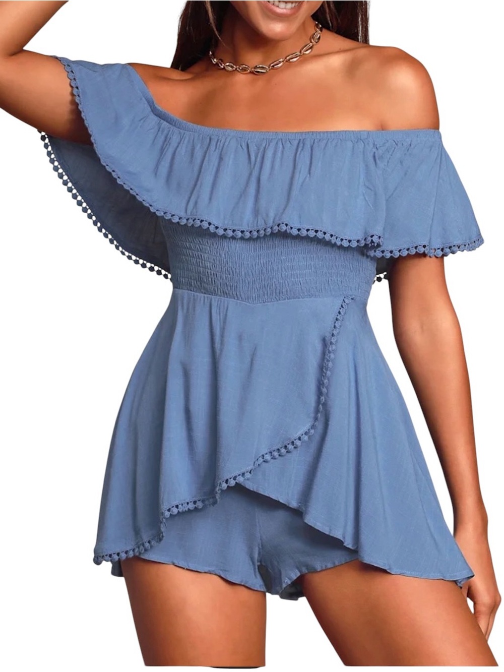 Blissful Periwinkle Blue Off-the-Shoulder Smocked Romper